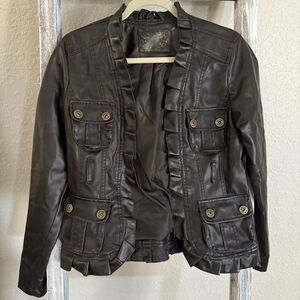 VTG Dollhouse Vegan Leather Jacket Ruffled Women’s Large Distressed Color Y2K